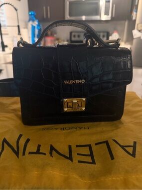 Valentino Black Croc-Embossed Leather Crossbody with Gold Hardware